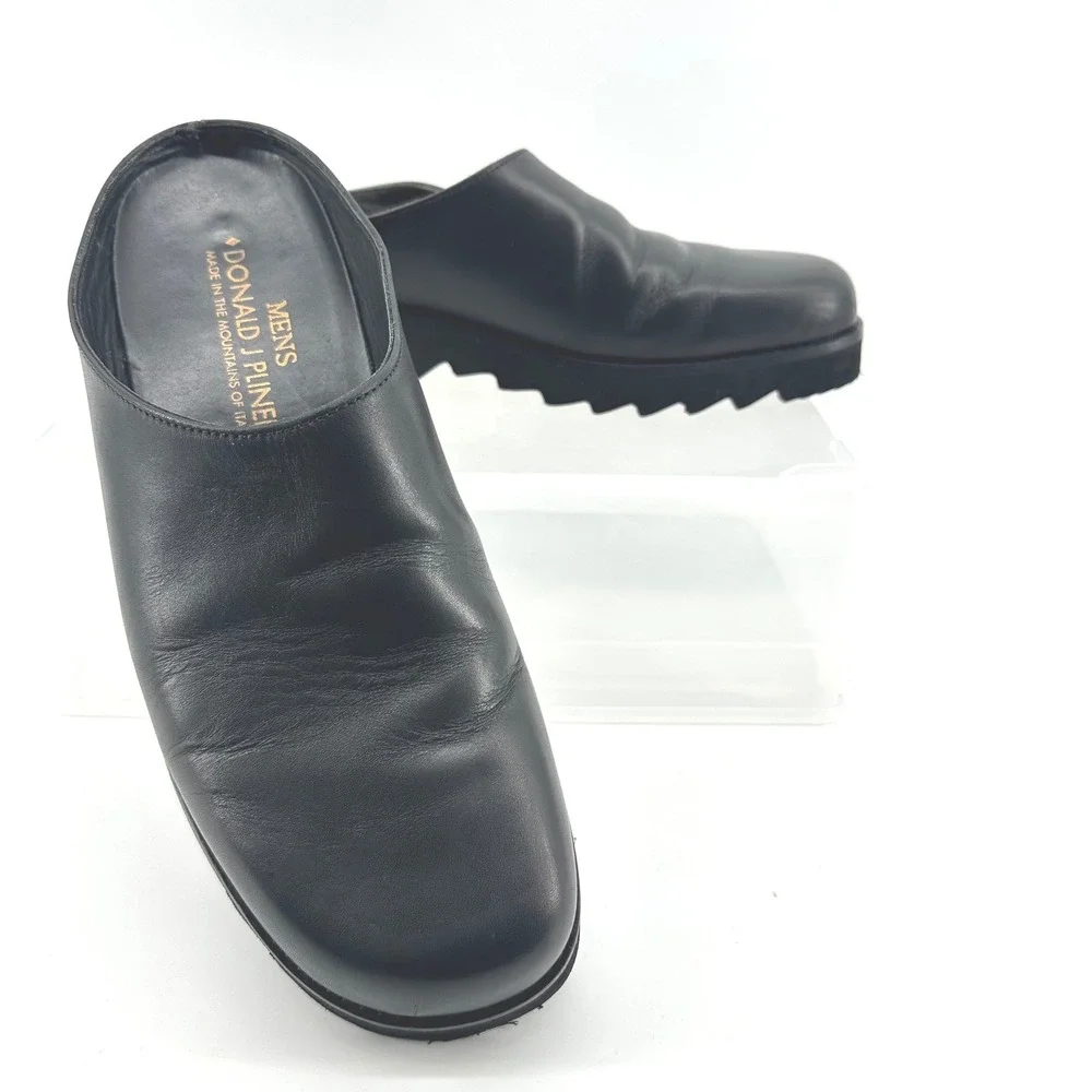 Donald J Pliner Mules Mens 9 Black Leather Platform Lug Sole Italy Minimalist